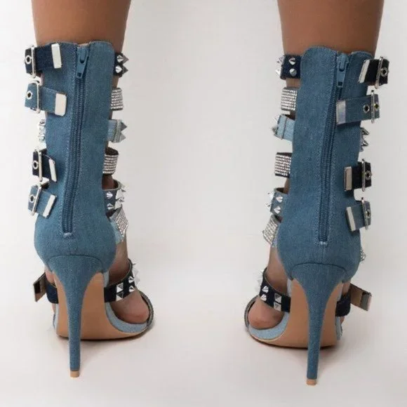 Callie Spiked & Studded: Denim Gladiator Stiletto Sandal 7.5 - Picture 4 of 5